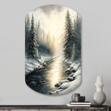 Sunlight Reflecting The Snow Forest River I - Asymmetric Metal Wall Art