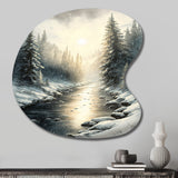 Sunlight Reflecting The Snow Forest River I - Asymmetric Metal Wall Art