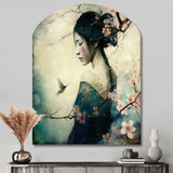 Vintage Japanese Woman With Cherry Blossoms - Asymmetric Metal Wall Art