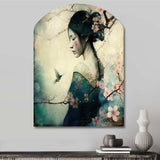 Vintage Japanese Woman With Cherry Blossoms - Asymmetric Metal Wall Art