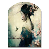 Vintage Japanese Woman With Cherry Blossoms - Asymmetric Metal Wall Art