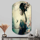 Vintage Japanese Woman With Cherry Blossoms - Asymmetric Metal Wall Art