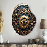 Gold And Teal 3D Flowers Ancient Seal - Asymmetric Metal Wall Art