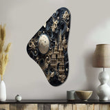 3D Cityscape With Castle In Vintage Gray And Blue - Asymmetric Metal Wall Art