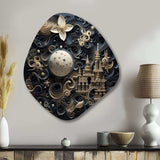 3D Cityscape With Castle In Vintage Gray And Blue - Asymmetric Metal Wall Art