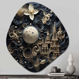 3D Cityscape With Castle In Vintage Gray And Blue - Asymmetric Metal Wall Art