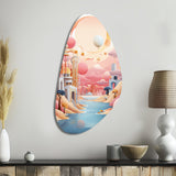 Boho Dreams River Landscape Vintage Blue Pink - Asymmetric Metal Wall Art