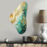 Morning Bliss Gold And Teal Marble Art Gold - Asymmetric Metal Wall Art