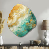 Morning Bliss Gold And Teal Marble Art Gold - Asymmetric Metal Wall Art