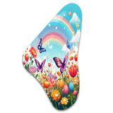 Purple Butterfles Idyllic Rainbow Flowerfield - Asymmetric Metal Wall Art