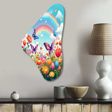 Purple Butterfles Idyllic Rainbow Flowerfield - Asymmetric Metal Wall Art