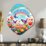 Purple Butterfles Idyllic Rainbow Flowerfield - Asymmetric Metal Wall Art