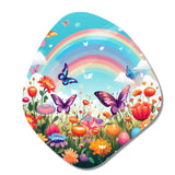 Purple Butterfles Idyllic Rainbow Flowerfield - Asymmetric Metal Wall Art