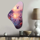 Pink Butterfly Magical Sunset - Asymmetric Metal Wall Art