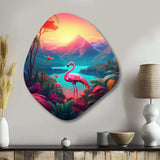 Pink Flamingo In Tropical Landscape - Asymmetric Metal Wall Art