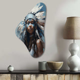 Vintage Portrait Female Native Feather Headdress - Asymmetric Metal Wall Art