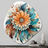 Boho Flowers Bouquet In Blue And Amber Orange I - Asymmetric Metal Wall Art