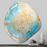 Divine Mandala Delicate Gold Gentle Turquoise - Asymmetric Metal Wall Art