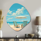 Retro Beach Chairs Under A Clear Blue Sky I - Asymmetric Metal Wall Art