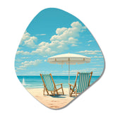 Retro Beach Chairs Under A Clear Blue Sky I - Asymmetric Metal Wall Art