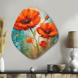 Blossoming Red Poppes On Teal Sky Painting - Asymmetric Metal Wall Art