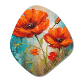 Blossoming Red Poppes On Teal Sky Painting - Asymmetric Metal Wall Art