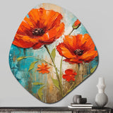 Blossoming Red Poppes On Teal Sky Painting - Asymmetric Metal Wall Art