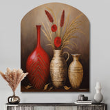 Still Life Red Vase With Wheat And Red Flowers - Asymmetric Metal Wall Art