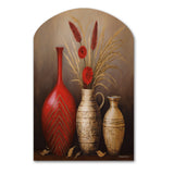 Still Life Red Vase With Wheat And Red Flowers - Asymmetric Metal Wall Art