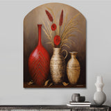 Still Life Red Vase With Wheat And Red Flowers - Asymmetric Metal Wall Art