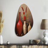 Still Life Red Vase With Wheat And Red Flowers - Asymmetric Metal Wall Art