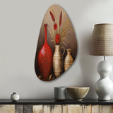 Still Life Red Vase With Wheat And Red Flowers - Asymmetric Metal Wall Art