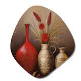 Still Life Red Vase With Wheat And Red Flowers - Asymmetric Metal Wall Art