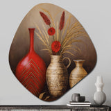 Still Life Red Vase With Wheat And Red Flowers - Asymmetric Metal Wall Art