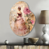 Victorian Lady Pink Roses Rustic Vintage I - Asymmetric Metal Wall Art