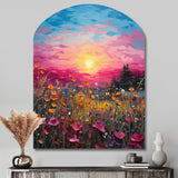 Breathtaking Sunset In Blossoming Flower Meadows I - Asymmetric Metal Wall Art