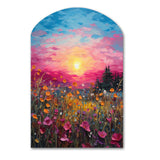 Breathtaking Sunset In Blossoming Flower Meadows I - Asymmetric Metal Wall Art