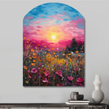 Breathtaking Sunset In Blossoming Flower Meadows I - Asymmetric Metal Wall Art