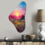 Breathtaking Sunset In Blossoming Flower Meadows I - Asymmetric Metal Wall Art