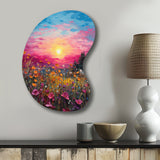 Breathtaking Sunset In Blossoming Flower Meadows I - Asymmetric Metal Wall Art