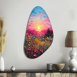 Breathtaking Sunset In Blossoming Flower Meadows I - Asymmetric Metal Wall Art