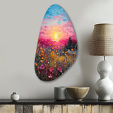 Breathtaking Sunset In Blossoming Flower Meadows I - Asymmetric Metal Wall Art