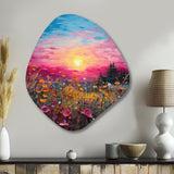 Breathtaking Sunset In Blossoming Flower Meadows I - Asymmetric Metal Wall Art