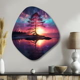 Majestic Tree In The Lake Aurora Borealis I - Asymmetric Metal Wall Art