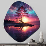 Majestic Tree In The Lake Aurora Borealis I - Asymmetric Metal Wall Art