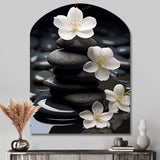 Zen Serenity White Flowers Black Stone Cairn - Asymmetric Metal Wall Art