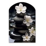 Zen Serenity White Flowers Black Stone Cairn - Asymmetric Metal Wall Art