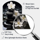 Zen Serenity White Flowers Black Stone Cairn - Asymmetric Metal Wall Art