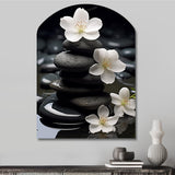 Zen Serenity White Flowers Black Stone Cairn - Asymmetric Metal Wall Art