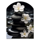 Zen Serenity White Flowers Black Stone Cairn - Asymmetric Metal Wall Art